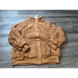 Merokitty Womens Fluffy Button up Jacket Size Medium Long Sleeve Camel Brown M5